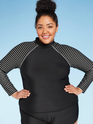 Women's Plus Size Mock Neck Long Sleeve One Piece Rashguard - All In Motion™ Black/white Stripe