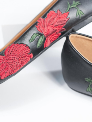 Black & Red Embroidered Florals Leatherette Flats