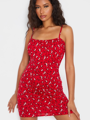 Red Ditsy Print Ruched Strappy Bodycon Dress