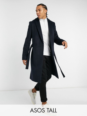 Asos Design Tall Wool Mix Coat With Belt In Navy