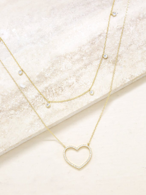 Crystal Heart And Drop Layered 18k Gold Plated Necklace Set Of 2