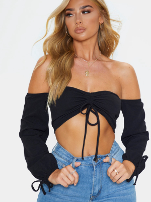 Black Ruched Detail Bardot Long Sleeve Crop Top