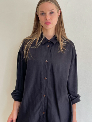 Black Longline Linen Button Up