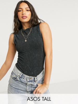 Asos Design Tall Sleeveless T-shirt Bodysuit With Roll Sleeve In Washed Black