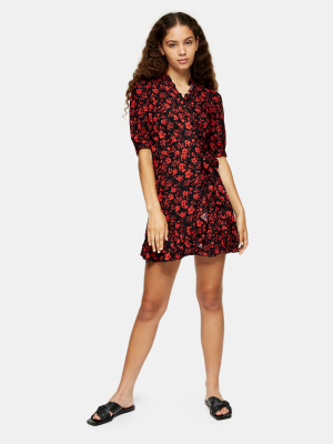 Red Floral Print Wrap Mini Dress