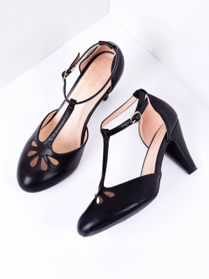 Black Pleather Cutout Kimmy T-strap Heels