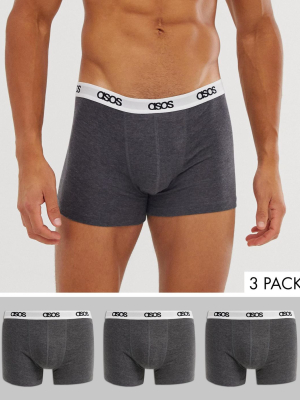 Asos Design 3 Pack Trunks In Dark Gray Marl Organic Cotton With Branded Waistband Save