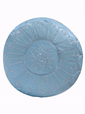 Embroidered Leather Pouf, Baby Blue Starburst Stitch