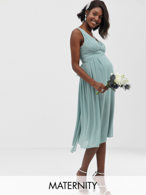 Tfnc Maternity Bridesmaid Exclusive Wrap Front Midi Dress With Tie Back In Sage