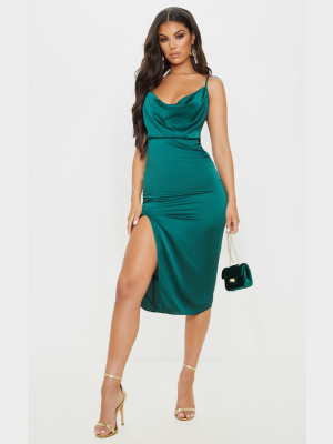 Emerald Green Strappy Satin Cowl Midi Dress