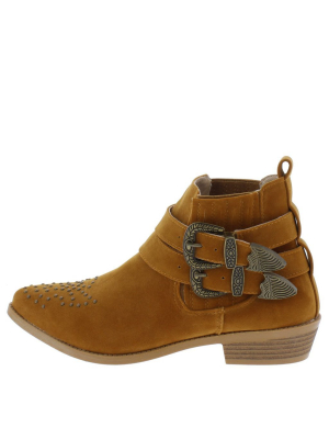 Tulip2 Camel Suede Studded Double Buckle Ankle Boot