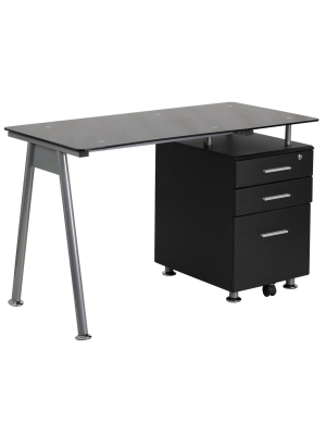 Glass Computer Desk With Three Drawer Pedestal - Black Glass Top/silver Frame - Riverstone Furniture Collection