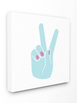 7"x0.5"x17" Peace Hand Teal With Pink Nail Polish Stretched Canvas Wall Art - Stupell Industries