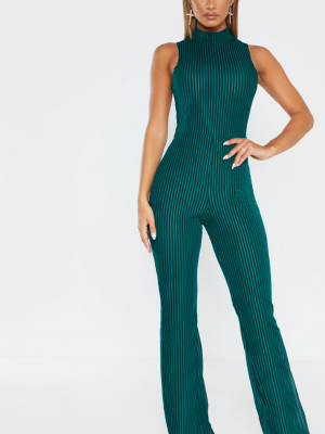 Emerald Green High Neck Striped Velvet Jumpsuit