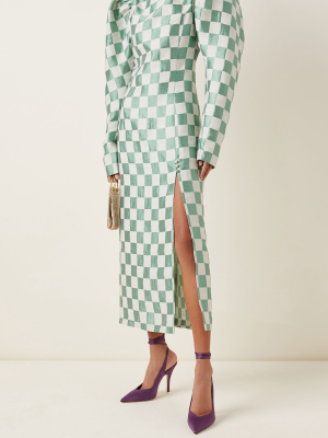 Theresa Checkered Stretch-linen Side-slit Dress