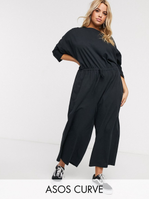 Asos Design Curve Lounge Jersey Slub Tie Waist Casual Jumpsuit In Black