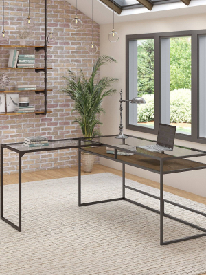 60w Anthropology Glass Top L Shaped Desk With Shelf Rustic Brown Embossed - Bush Furniture