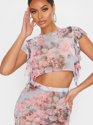 Pink Floral Print Mesh Frill Sleeve Crop Top