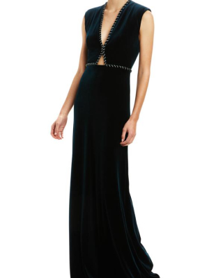 V-neck Gown With Embroidered Trim