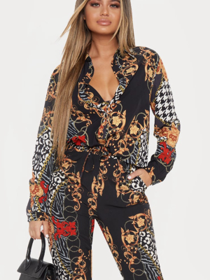 Black Mixed Print Oversized Satin Shirt