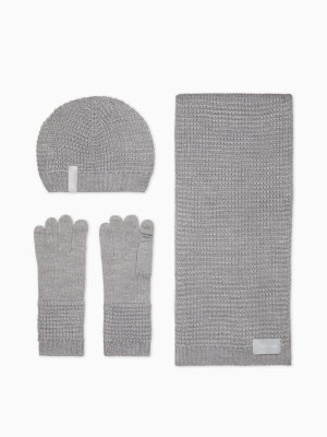 Waffle Knit Hat, Scarf + Gloves 3-piece Set