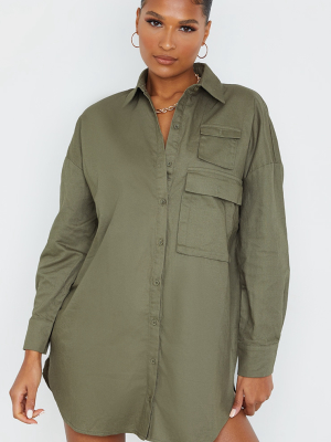 Khaki Cargo Multi Pocket Shirt Dress