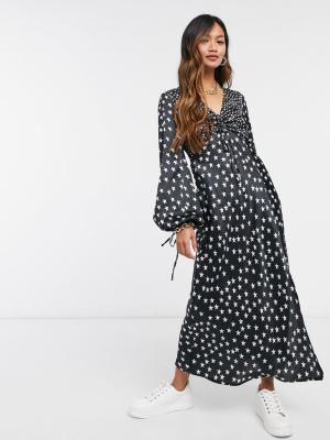 Asos Design Ruched Front Bias Midi Tea Dress With Balloon Sleeve In Star Print