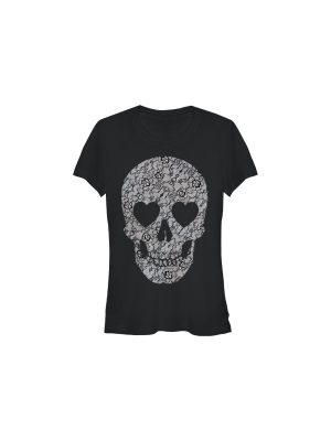 Junior's Lost Gods Halloween Lace Print Heart Skull T-shirt