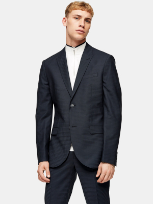 Premium Navy Gingham Check Skinny Fit Single Breasted Blazer With Peak Lapels