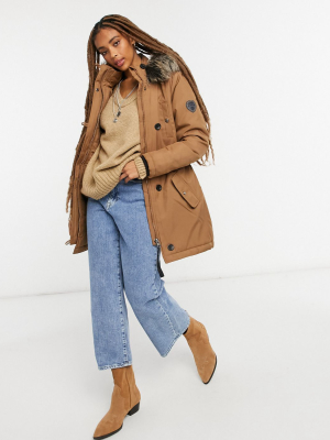 Only Parka Coat With Faux Fur Hood In Brown