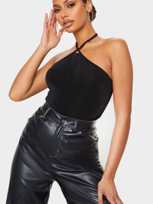 Black Acetate Slinky Strappy Halterneck Bodysuit