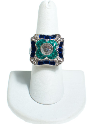 Art Deco Style Sapphire Blue, Emerald Green Enamel And Crystal Ring