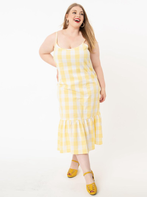 Plus Size Yellow & White Gingham Peplum Midi Shift Dress