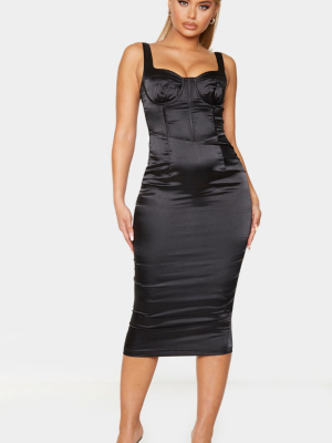 Black Satin Cup Detail Sleeveless Midi Dress