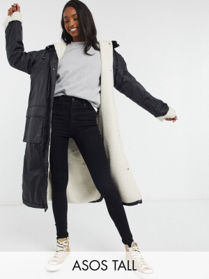 Asos Design Tall Fleece Lined Maxi Raincoat In Black