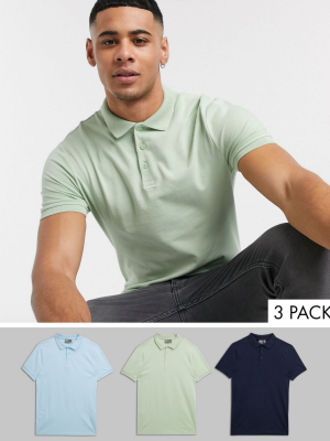 Asos Design 3 Pack Organic Muscle Fit Jersey Polo