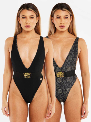 The Muna Reversible V-neck Belted One Piece Swimsuit – Black / Sm Print