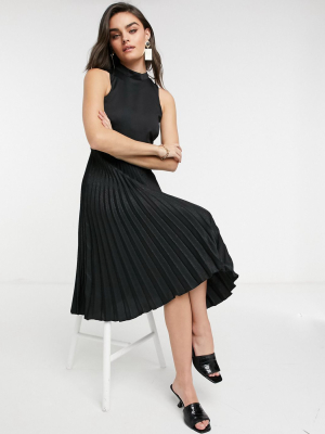 Closet London High Neck Pleated Satin Midi Dress In Black