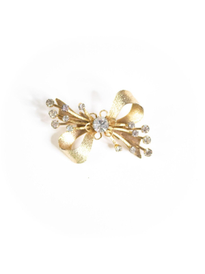 Vintage Mid Century Modern Gold Bow Brooch With Rhinestones