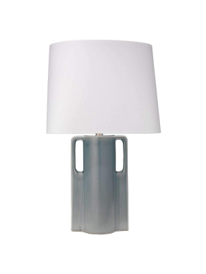 Woodstock Table Lamp In Mist Blue Glass With Oval Rectangle Shade In White Linen