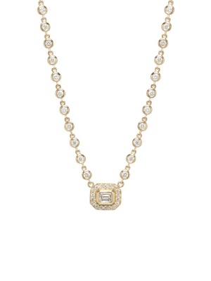 14k Emerald Cut Diamond Halo Pendant With Tennis Diamond Necklace