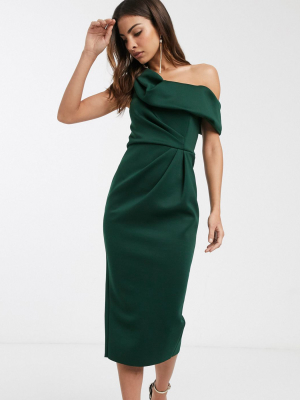 Asos Design Drape Fallen Shoulder Midi Pencil Dress In Forest Green