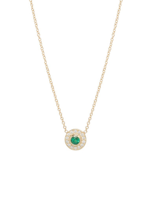 14k Round Emerald And Diamond Halo Necklace