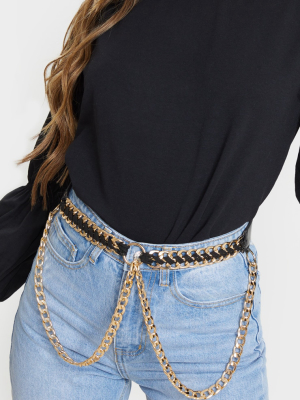 Black Pu Gold Chain Waist Belt