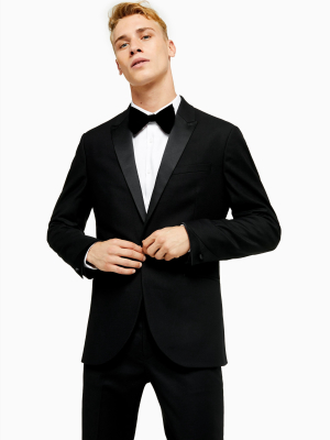Black Skinny Fit Single Breasted Tuxedo Suit Blazer With Satin Covered Shawl Lapel