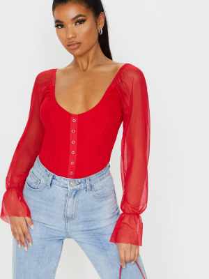 Red Rib Mesh Sleeve Bodysuit