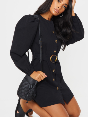 Black Button Through Balloon Sleeve Belted...