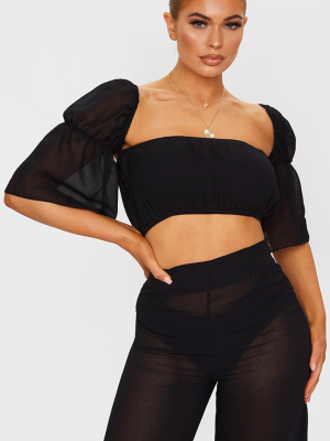 Black Linen Look Puff Sleeve Beach Crop Top