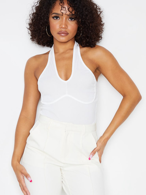 White Rib Underbust Detail Halterneck Bodysuit