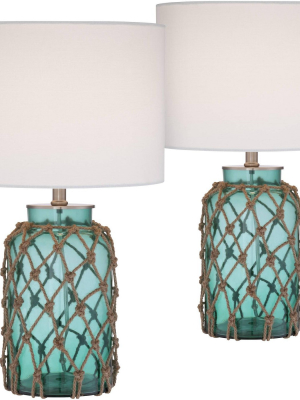 360 Lighting Nautical Accent Table Lamps Set Of 2 Coastal Blue Green Rope Net Off White Drum Shade For Living Room Family Bedroom